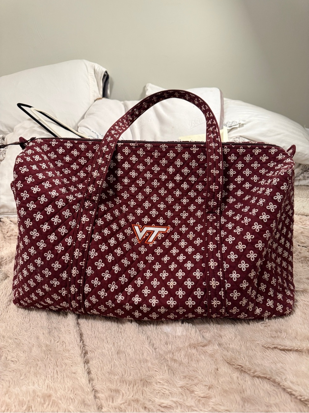 Vera Bradley Virginia Tech Hokies VT Quilted Duffel Travel Bag Burgundy Floral